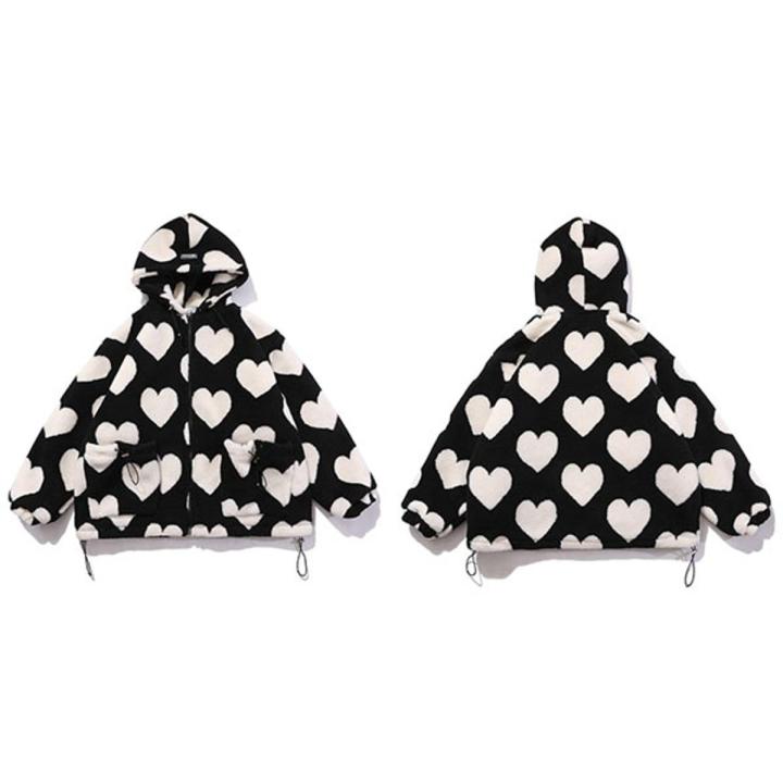 TEDSN Valentine's Day Sherpa Coat Love Heart Print Jacket Hop Thick Parka Lambl Men Women Winter Streetwear Outwear