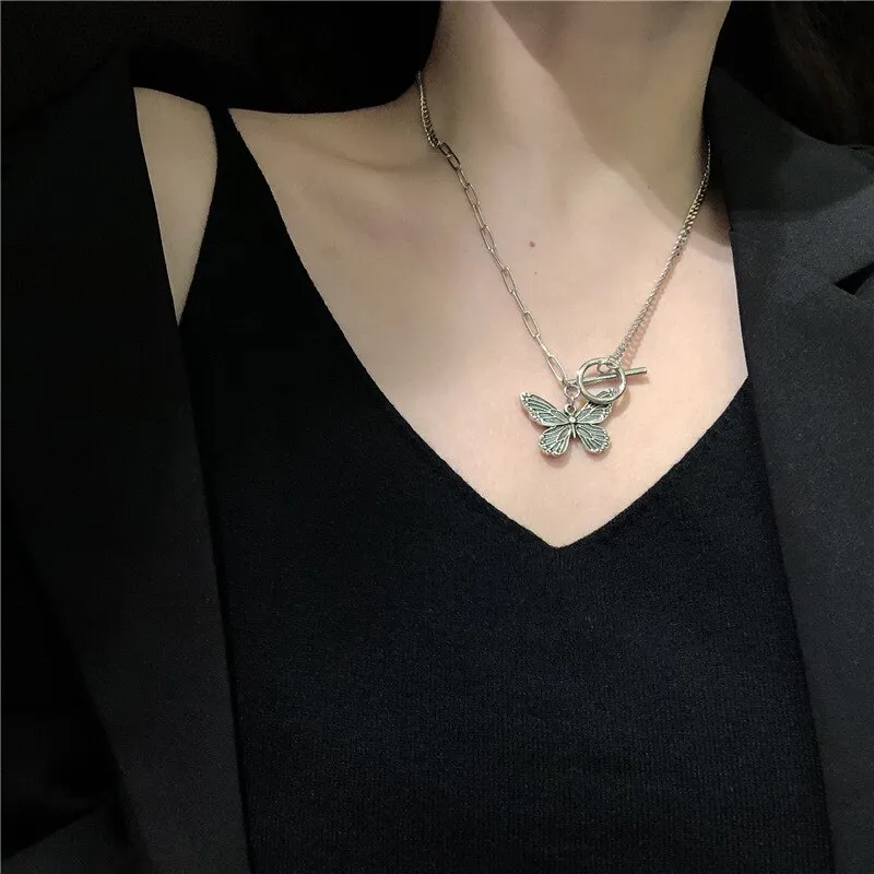 Korean Retro Butterfly Necklace for Women OT Buckle Chain Long