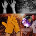A pair / set of fire-resistant and durable leather welder gloves for welding metal hand tools, heat-resistant work safety gloves. 
