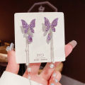 1 Pair Trendy Korean Purple Crystal Butterfly Drop Earring for Women Girls Fashion Tassel Chain Rhinestone Earring Party Wedding Jewelry Gift. 