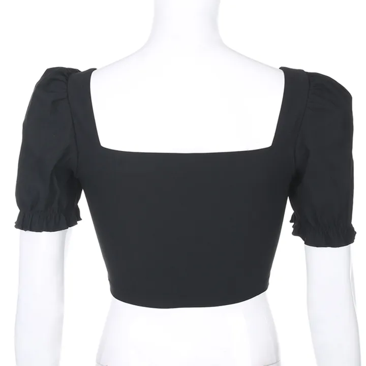 Women%20Solid%20Color%20Crop%20Top,%20Puff%20Sleeves%20Square%20Collar%20Pullover%20Vintage%20Style%20Clothes%20-%20Image%205