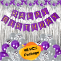 Purple Color Birthday Decoration Combo Pack With Birthday Banners, Silver Foil Curtains, Metallic Balloons, Blue Confetti and Balloon Garland Arch Decorations Kit Full Package- (Pack of 48 Pcs). 