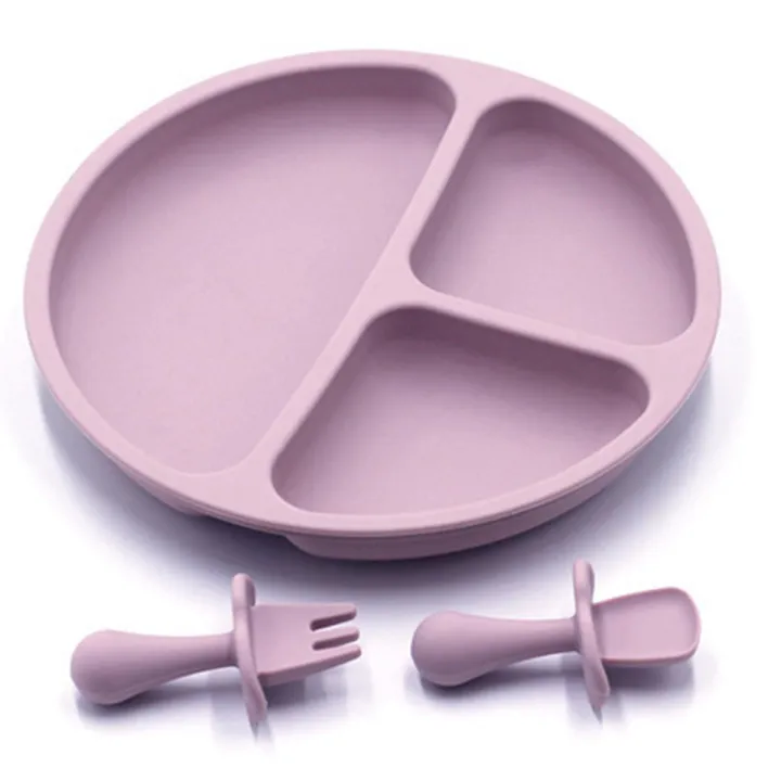 Silicone Baby Tableware with Suction Cup Toddler Plate and Portable Fork Spoon Kids Food Bowl Set D