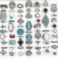 Alien 50/100Pcss/Lot Vintage Boho Blue Stone Turquoise Rings for Women Wholesale Mix Styles Ethnic Finger Ring Set Jewelry Party Gifts. 
