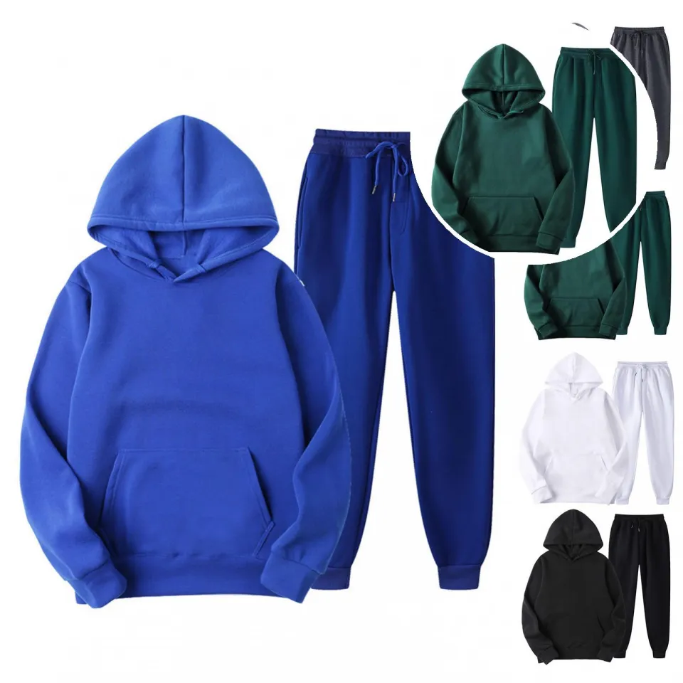 2021 New Style Sport Hoodie Pants Set Loose Fit Solid Color Pockets Hooded Men Sweatshirt Pants Set For Boy Daraz .bd