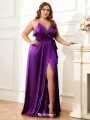 Plus Size Silk Occasion Dress in Rich Emerald with Wrap Silhouette and High Slit.