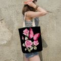 Butterfly Print Shoulder Bags Female Shopping Tote Black Canvas Foldable Reusable Casual Student Portable School Handbag Trendy. 