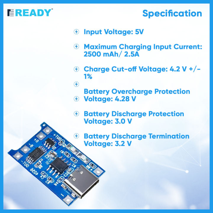 TP4056 Dual Protection Lithium/Lithium-ion Battery Charging Module (Type C USB Input) - Input Voltage: 5V - Input Interface: Type C USB