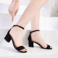 2019 summer new sandals with buckle heels, hollow open toe Korean version trend block heel women's shoes.