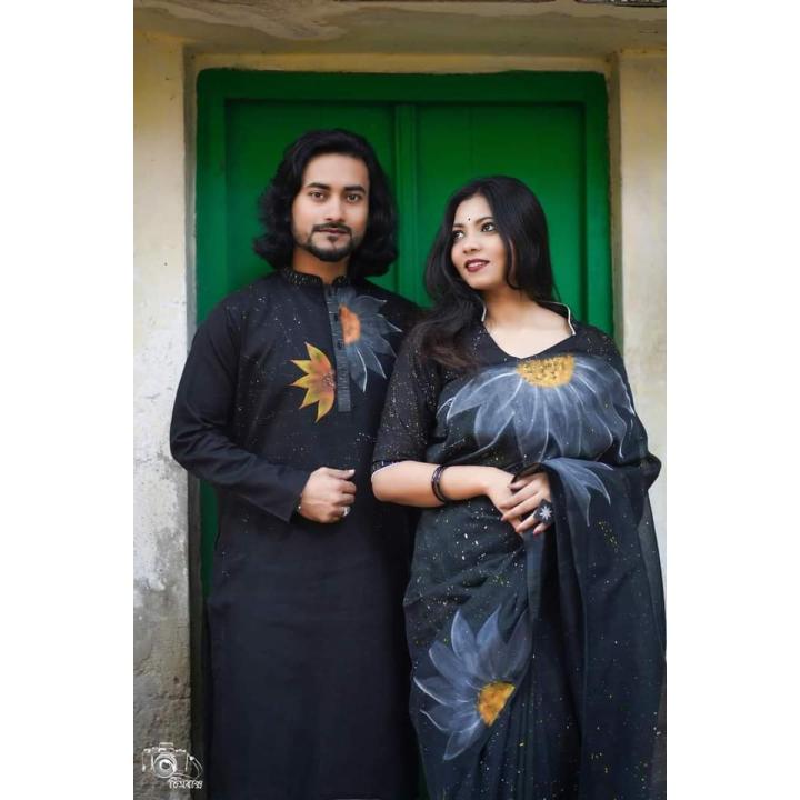 New Designer Half Silk Hand Print Saree And Dhupian Panjabi For Combo Couple for man and women