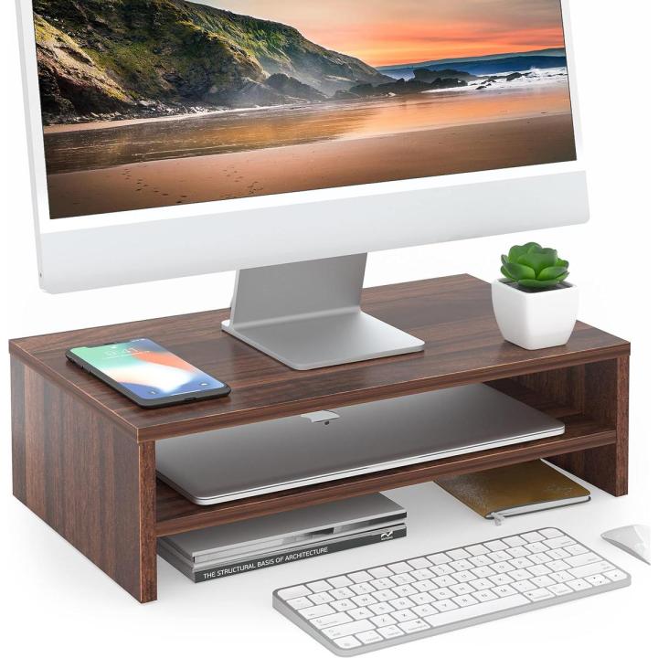 Desktop Monitor Stand-Wood Monitor Stand-Monitor Stand With Shelf for Laptop, Ergonomic Computer Modern Office Desk, Notebook Shelf