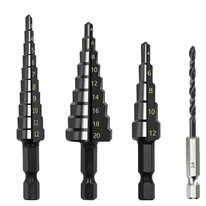 XHHDQES%204Pcs%203-12%204-12%204-20mm%20HSS%20Straight%20Groove%20Step%20Drill%20Bit%20Nitride%20Twist%20Drill%20Wood%20Metal%20Hole%20Cutter%20Core%20Drilling%20Tools%20-%20Image%202