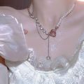 Trend Tassel Pearl Crystal Patchwork Necklace Sweet Fashion Clavicle Chain Cute Pink Pendant Necklaces for Women Girls Jewelry Gift.