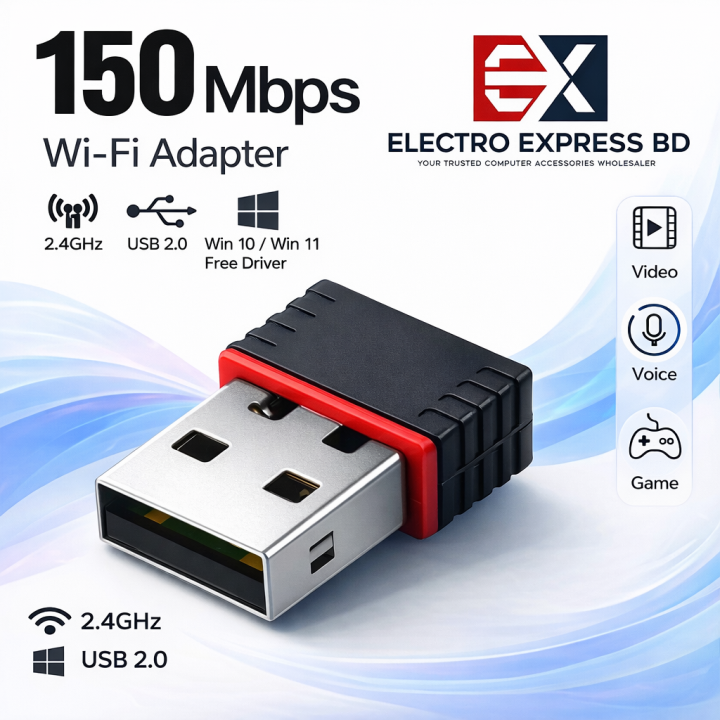 150Mbps USB WiFi Adapter 2.4GHz Wireless Network LAN Card for PC Laptop | Plug & Play Driver-Free for Windows 10/11 PC Laptop – Electro Express BD