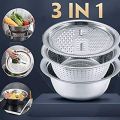 3 In 1 Multifunctional Stainless Steel Basin With Vegetable Cutter + Drain Basket. 