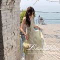 2024 Korean summer new camisole long dress with fairy ruffle edge printed sleeveless temperament picture color. 