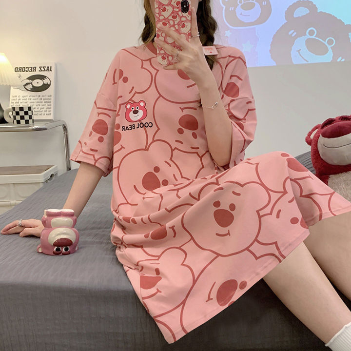 Pajamas Women's Summer Knitted Cotton Nightdress High-End Mid-Length Loose Large Size Korean Style Cute Dress Home Wear