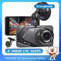 TOHAYIE 1080P 4 inch Car Camera 170° Wide Angle 24H Parking Monitoring Dash Cam HD DVR Dual Driving Recorder with Rear Camera (with 8G TF Card). 