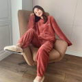 Autumn and Winter Coral Velvet Pajamas Women's Fleece-Lined Thickened Outer Wear Flannel Pajamas Pajama Pants Home Wear Warm Suit.