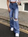 High Waist Blue Ripped Boot Cut Jeans For Women Fashion Stretch Knee Ripped Denim Flared Pants Casual Female Trousers Black 2023.