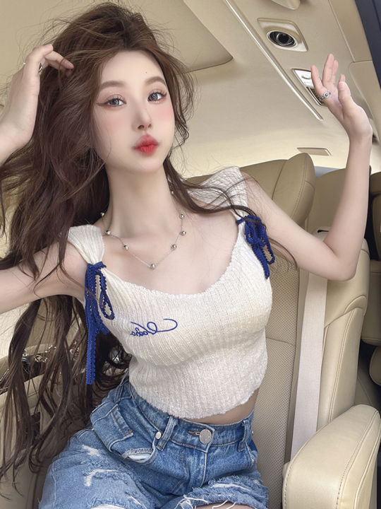 Sexy Hot Girl Sleeveless Vest T T-shirt Women's Summer New French Bow Lace-up Sweet and Spicy Sleeveless Short Top