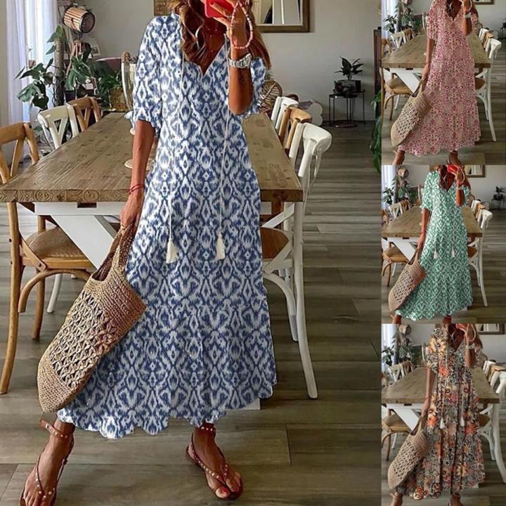 Women Floral Long Dress Retro V Neck Half Sleeve Dress Casual Boho Drawstring Loose Holiday Beach Maxi Dress Vestidos Femme