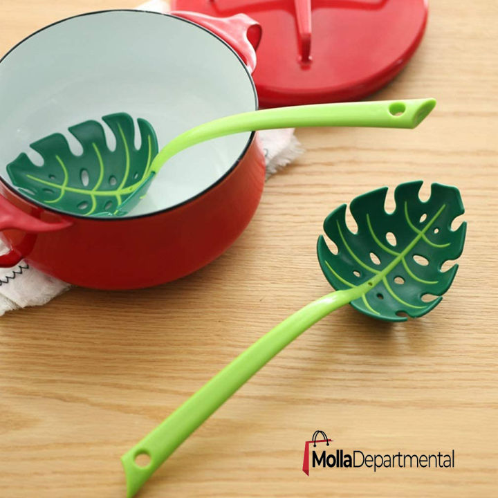 Green Monstera Leaf Colander Multifunctional Long-Handled Spaghetti Slotted Serving Spoon Salad Slotted Spoon For Home Kitchen