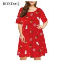 6XL Plus Size Women Clothing Red Christmas Elk Fashion Funny Cute Short Sleeve Print Dress X-Mas Snowman Snowflake Loose Dresses. 