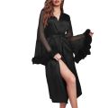 Luxury Feather Bathrobes Satin Long Robe for Women Night Dress Mesh Long Sleeve Loose Peignoirs Robe Wedding Bride Pajama.