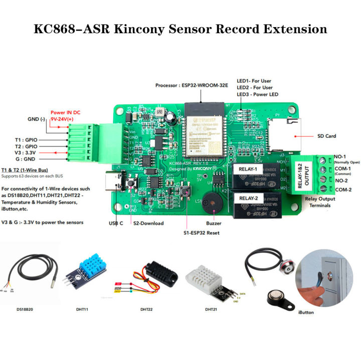 KC868-ASR ESP32 SD Card DS3231 RTC Temperature Humidity Sensor Record WiFi Relay Module Home Automation Buzzer GPIO ESPHome