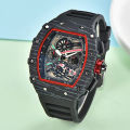 Richard sports hollowed out watch barrel shaped wood grain flower ghost head timing six needle quartz watch alloy silicon tape.