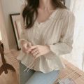 Women cute sweet peplum top slim waist a line belly design preppy style girls pink white button shirts blouses cotton D217.