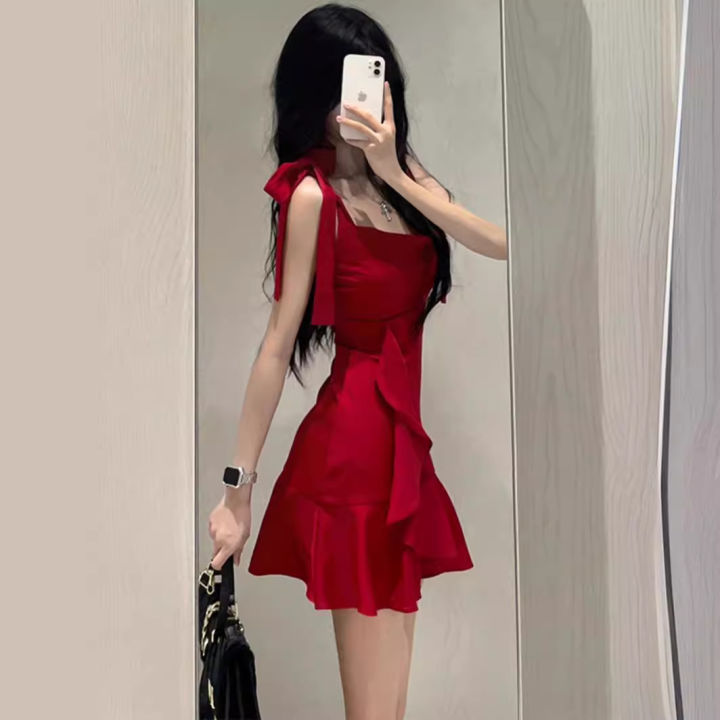 Pure%20desire%20style%20spicy%20girl%20red%20camisole%20dress%20for%20women's%20summer%20new%20design,%20with%20sense%20of%20niche%20temperament%20and%20a%20slimming%20waist.%20Short%20skirt%20-%20Image%202