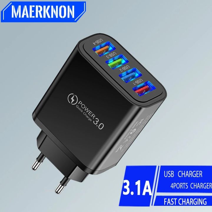 4 Ports USB Charger 3.1A Wall Charge Adapter QC 3.0 Fast Charging For Samsung Xiaomi Huawei Mobile EU/US Plug Charging Adapter