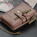 Retro Men Double Zipper Short Wallet Portable Multi-slot Mini Purse Card Holder with Chain Fashion Solid Color PU Leather Burse.