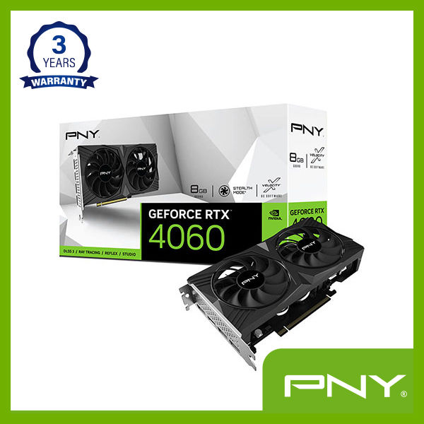 PNY GeForce RTX 4060 8GB GDDR6 VERTO Dual Fan Graphics Card - RTX 4060 8GB GDDR6 VERTO Dual Fan - Clock Speed: 1830 MHz - Memory Bandwidth: 272 GB/sec - CUDA Cores: 3072 - Output: DisplayPort 1.4a (x3), HDMI 2.1