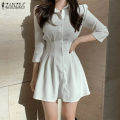ZANZEA Korean Style Women 3/4 Sleeve Plain Casual Fashion Pleated Tunic Mini Shirt Dress. 