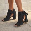 Spring Large Size Women's Shoes New Foreign Trade Korean Style Cloth Side Empty Back Internet Celebrity Lace up Chunky Heel High Heels Sandals for Women. 