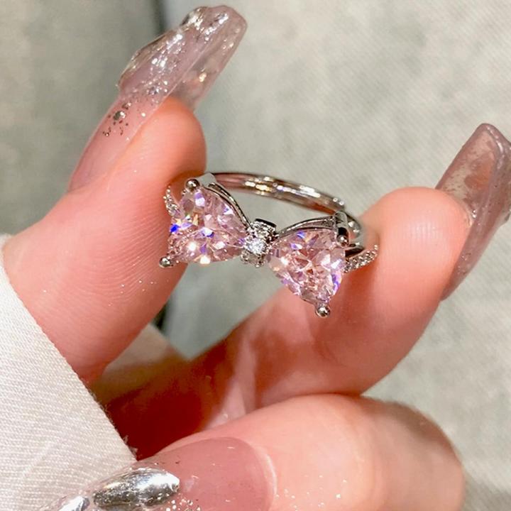 Y2K Girls Princess Pink Bowknot Zircon Ring for Female Delicate Sweet Girl Zircon Ring Birthday Party Jewelry Accessories