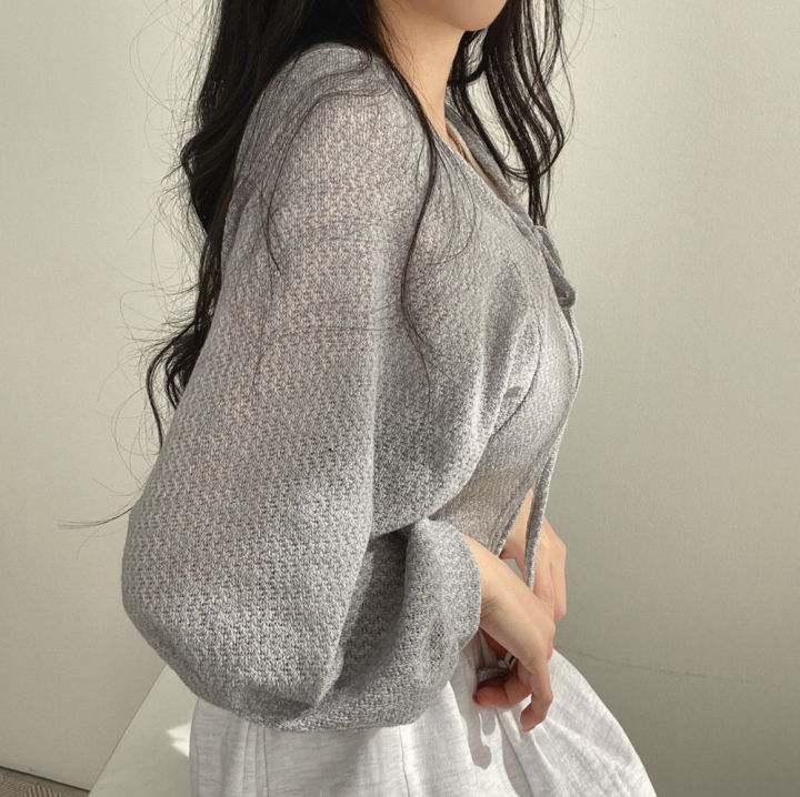Thin%20White%20Cardigan%20Bandage%20Lantern%20Sleeve%20Short%20Coat%20Pull%20Femme%20Knitwear%20Top%20Girl%20Cardigan%20Korean%20Style%20Casual%20T%20Shirt%20-%20Image%204