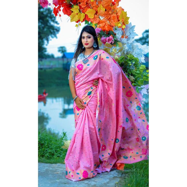 Golapi colour saree and panjabi combo skin print work for women.