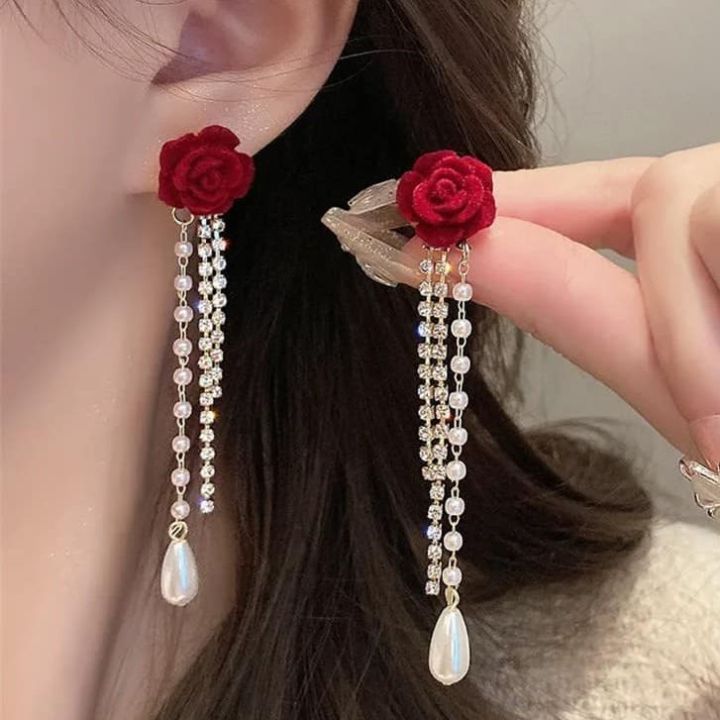 Red Flower Simulated-pearl Long Tassel Dangle Earrings for Women