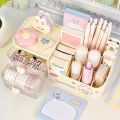 Ins Kawaii Desk Organizer Storage Box Cute Bear Handle Drawer Stationery Pen Holder Sticky Note Tape Storage Box Organizer Rack.