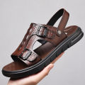 New men's summer sandals, men's cowhide beach shoes, casual men's shoes, crocodile print platform soles, dual-purpose breathable non-slip slippers.