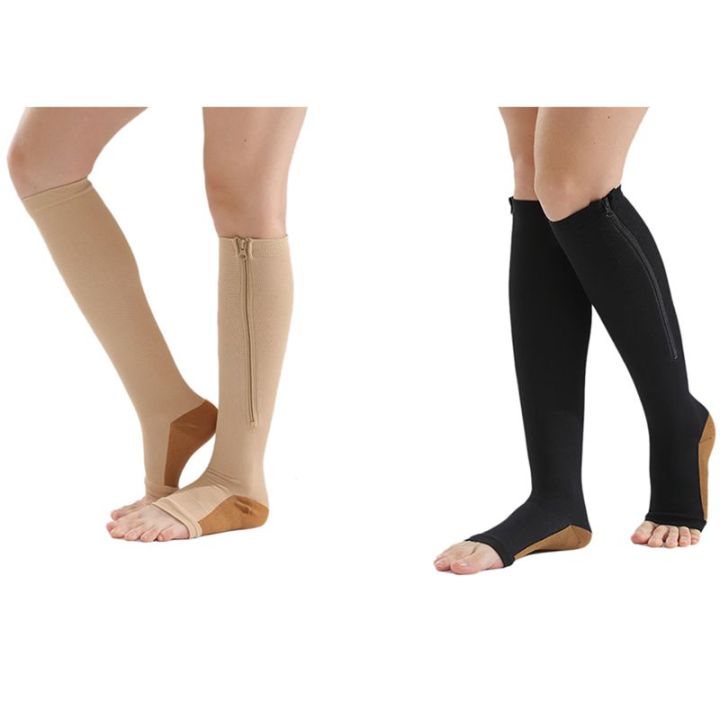 2pair Compression Stockings Nylon Zipper Compression Sock Leg Knee Support Open Toe Preventing (Color/Black)XXL