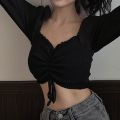 Women Long Sleeve Square Neck Shirt Drawstring Off Shoulder Blouse Crop Top.