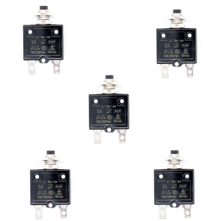 5X 5A Circuit Breaker 12V/24V Push Button Resettable Thermal Circuit Breaker Panel Mount with Waterproof Cap