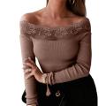 Lace Stitching Collar Long Sleeve Solid Color Knitted Blouse Autumn Office Ladies Elegant Off Shoulder Ribbed Knitwear Work Garm. 
