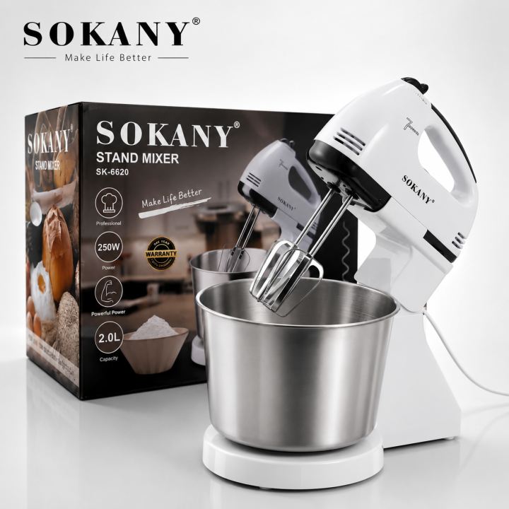 SK-6620 SOKANY Stand Mixer 250W Electric Stand Mixer with 2.0L SS Bowl Table Stand Cake Dough Mixer Handheld Automatic Egg Beater Baking Cream Machine for Hotels and House