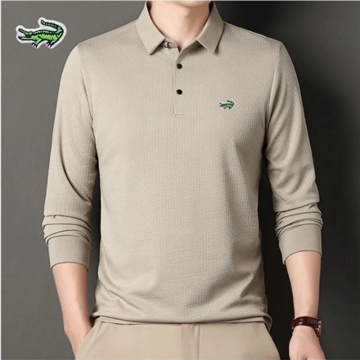 Men's Embroidery Brand High Quality Knitted Polo Shirt Four Seasons Casual Ribbed Long Sleeve T-shirts Black White Tee 8 Colors